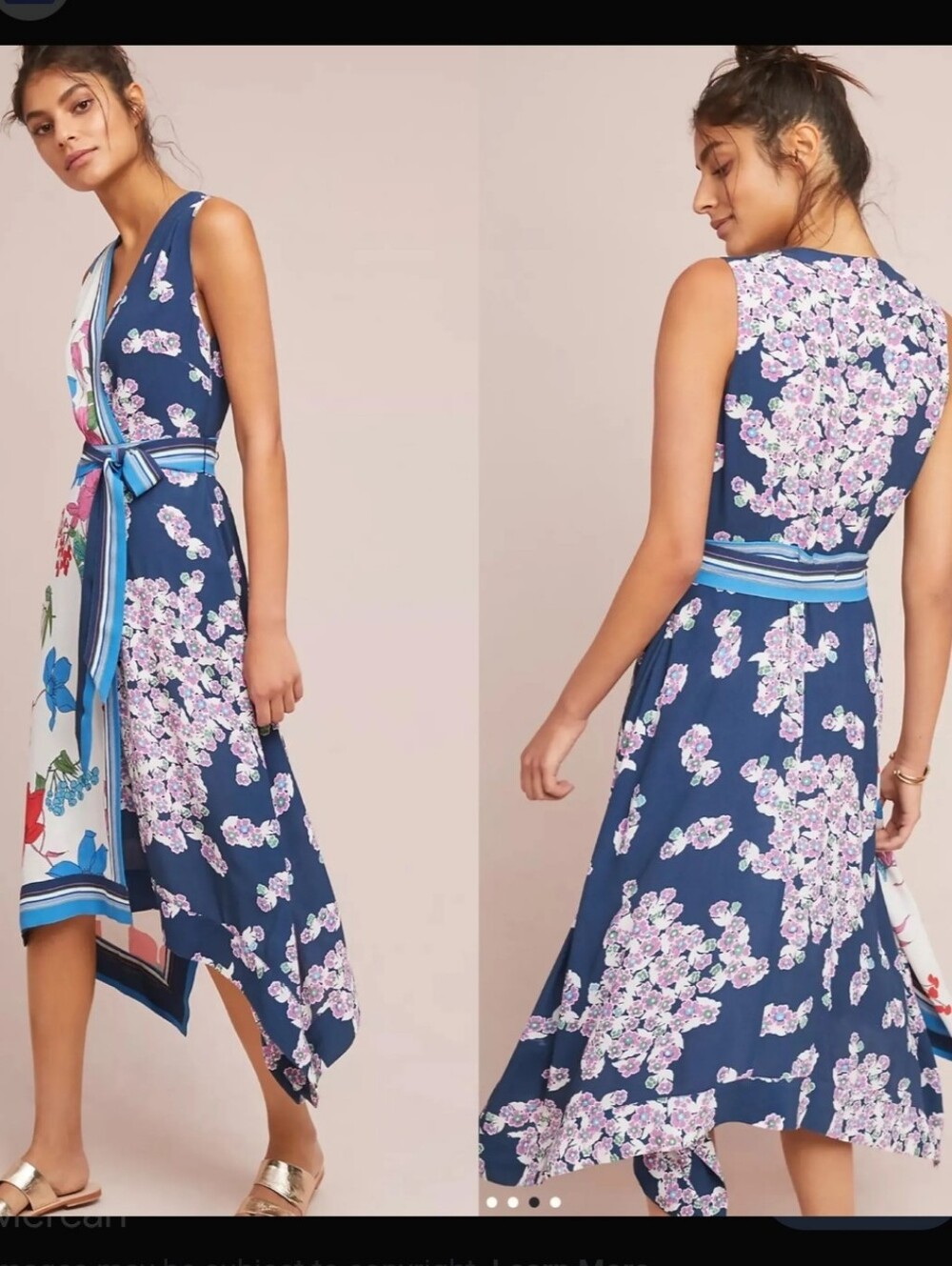 Maeve Anthropologie Floral Asymmetrical Boho Blue Faux Wrap V-neck Midi Size 0